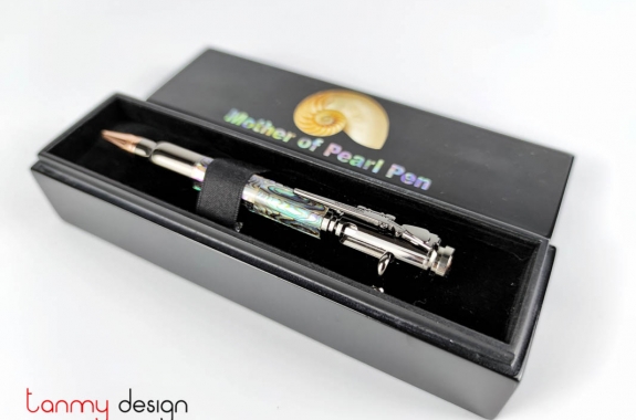 Black pen box included with blue mother of pearl pen, nickel with latch